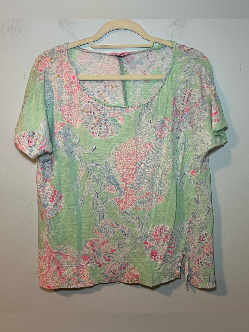 Lilly Pulitzer 100% Linen Minty Fresh Fan Sea Print Short Sleeve Tee Size XL